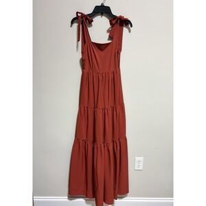 a loves a Rust Tiered Maxi Dress XS Tie Straps Smocked Back Square Neck